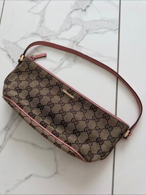 Gucci Brown Monogram Shoulder Bag with Pink Trim